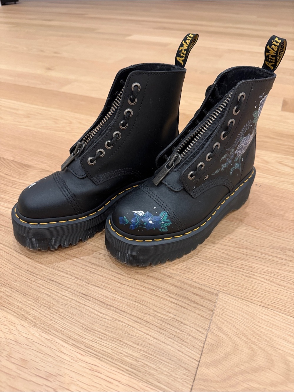 Dr. Martens Black Leather Combat Boots with Blue & Purple Floral Accents